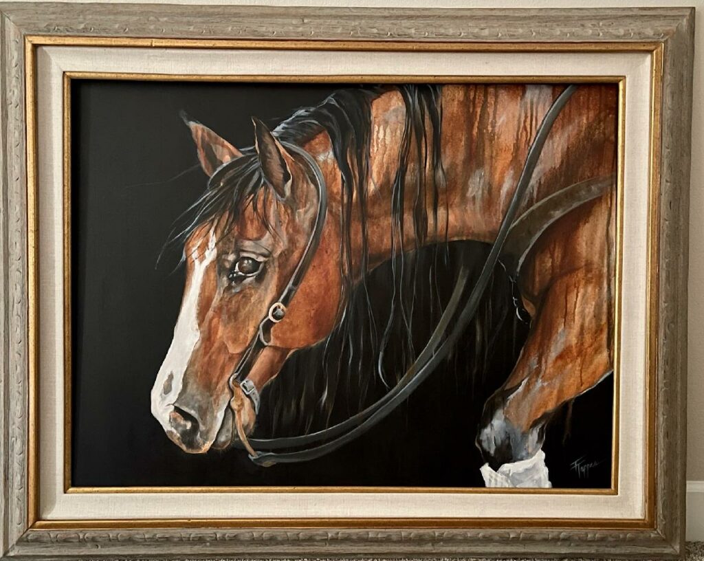 A Framed Painting of a Horse, Showcasing Its Majestic Beauty and Capturing the Essence of Its Grace and Strength.